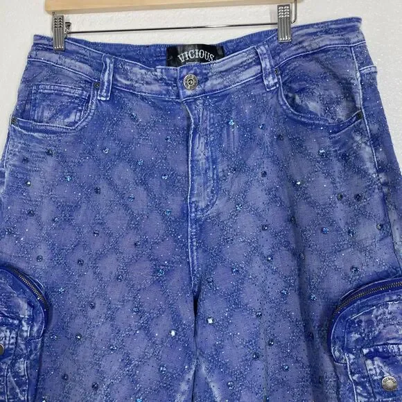 Vicious Authentic Denim Shorts Mens 36 Blue Embellished Cargo Studded Streetwear